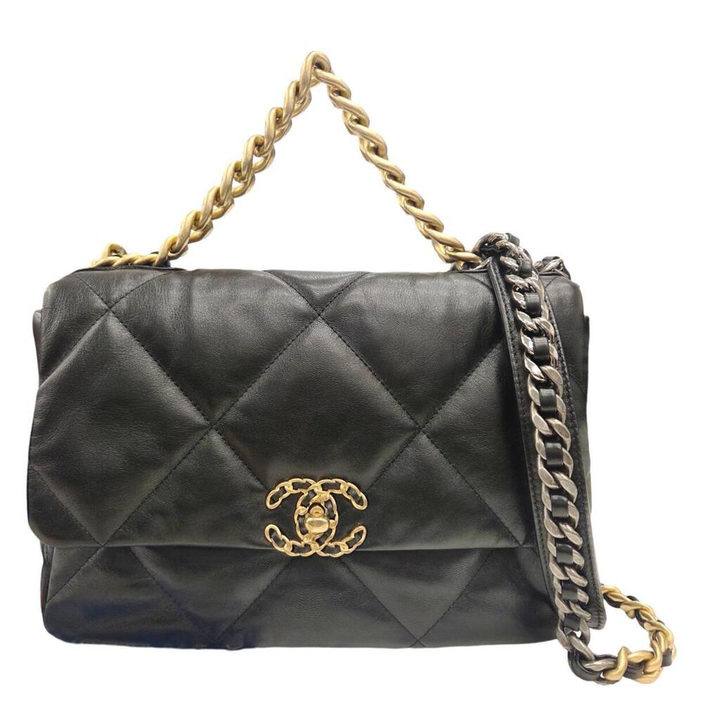 CHANEL AS1161 Chanel 19 Large Handbag, Shiny Lambskin, Black Shoulder Bag, Ch...
